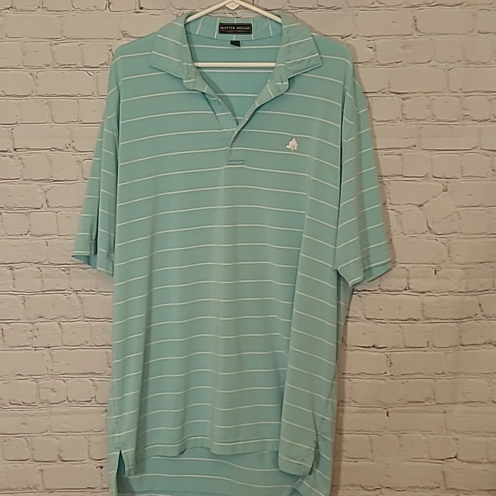 Peter Millar size Large Summer Comfort Aqua White Striped Golf Shirt Flaw
